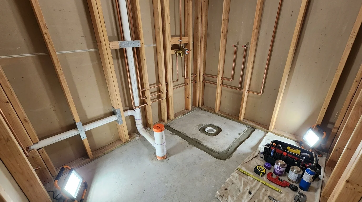 Bathroom rough-in plumbing during remodel by Johns Plumbing LLC in Winterset