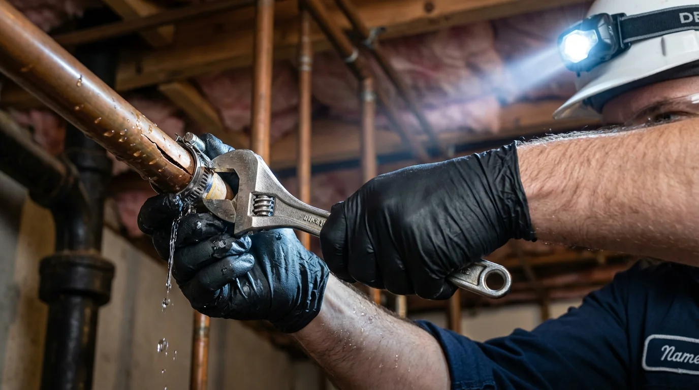 Emergency pipe clamp repair being performed by a Johns Plumbing LLC plumber in Winterset