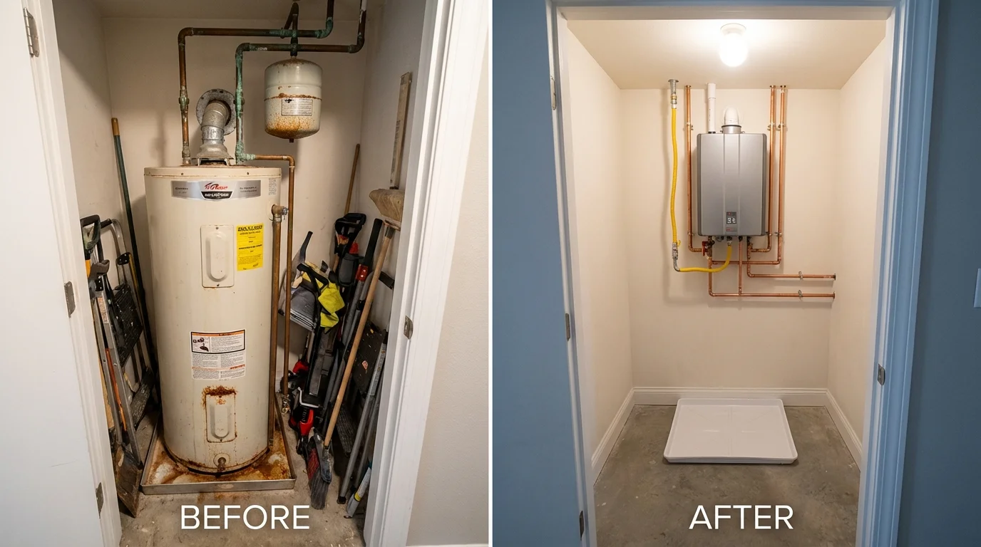 Tank water heater versus wall-mounted tankless unit comparison for Winterset, IA homeowners