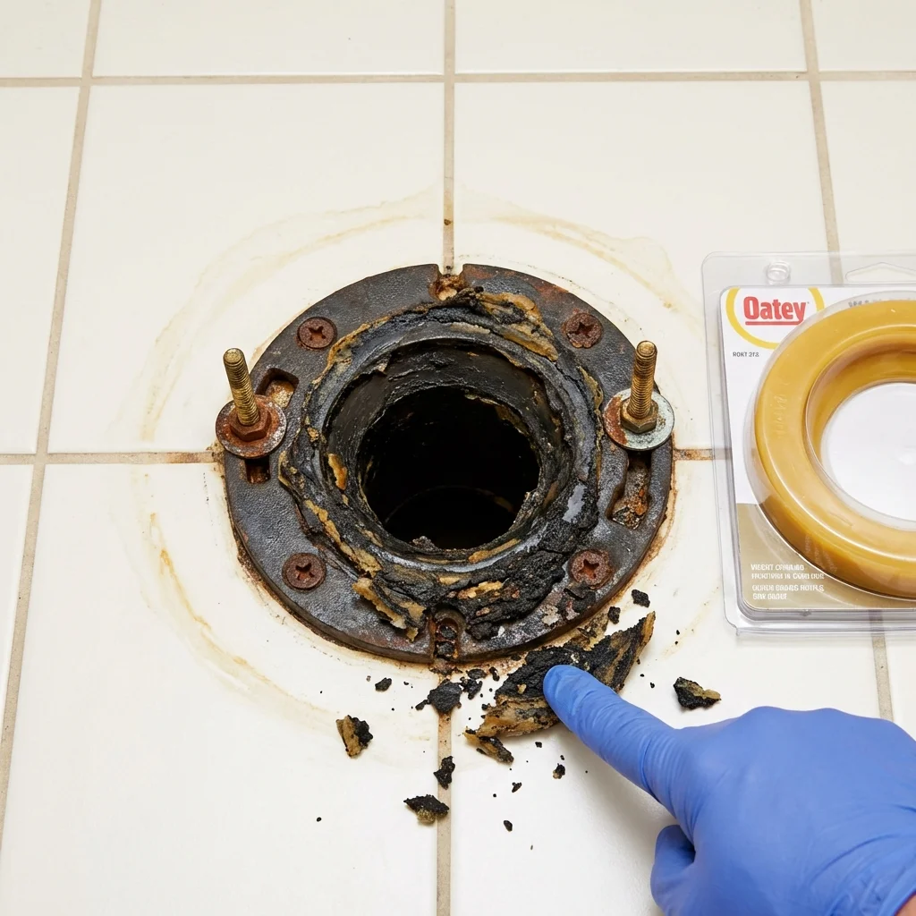 Failed wax ring showing water seepage at the base of a toilet in a Winterset, IA home