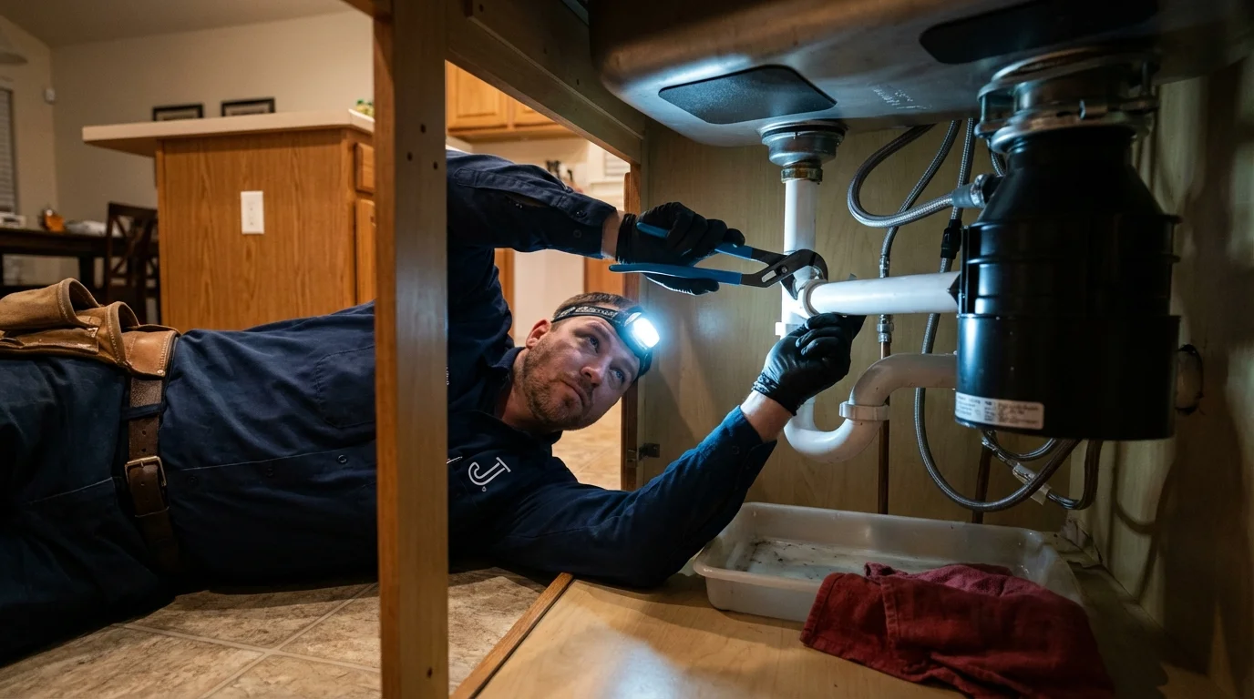 P-trap and supply line connections under a kitchen sink showing a common leak point in Winterset, IA